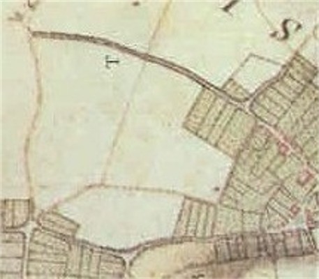Het Mergelakker in 1803. Duidelijk is het voetpad te zien dat via het mergelakker over de Heuvel naar Beek liep.